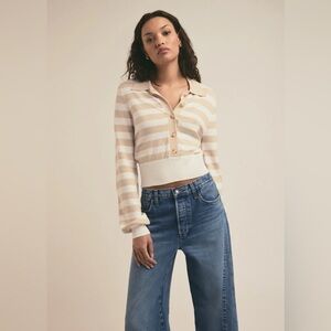 Favorite Daughter Beige and Cream Striped Cardigan Cropped Top